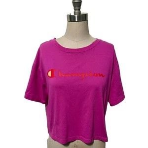 Champion T-Shirt Womens L Pink Spell Out Cropped Tee Shirt